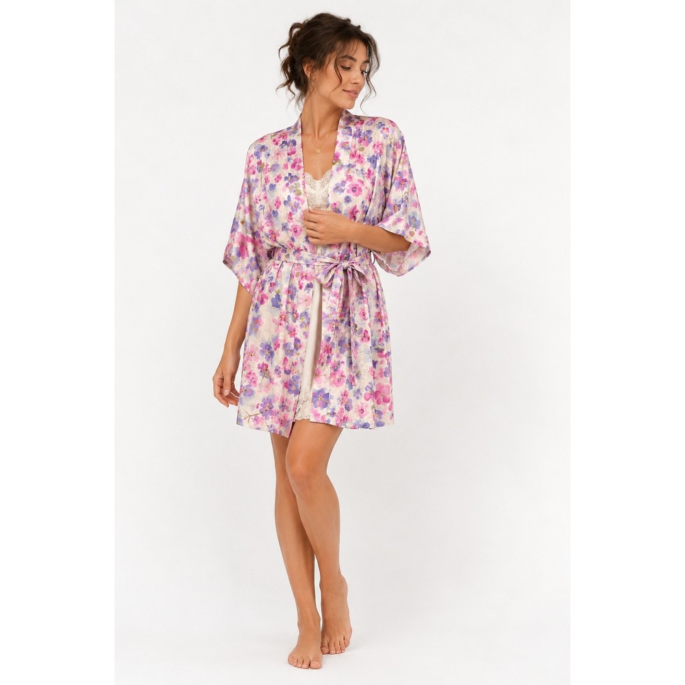 100% Silk Vintage 90s Floral Robe Large Pink Kimono Belted Romantic Cottagecore
